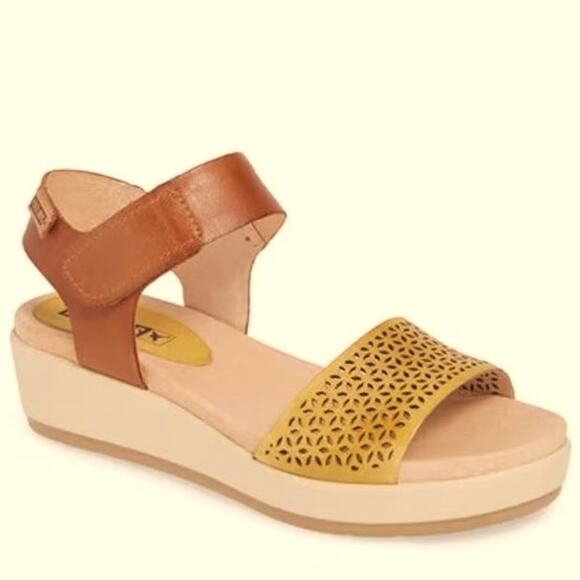 Pikolinos Mykonos Platform Wedge Sandals 39 8.5 Perforated Leather Shoes Yellow - Picture 1 of 11